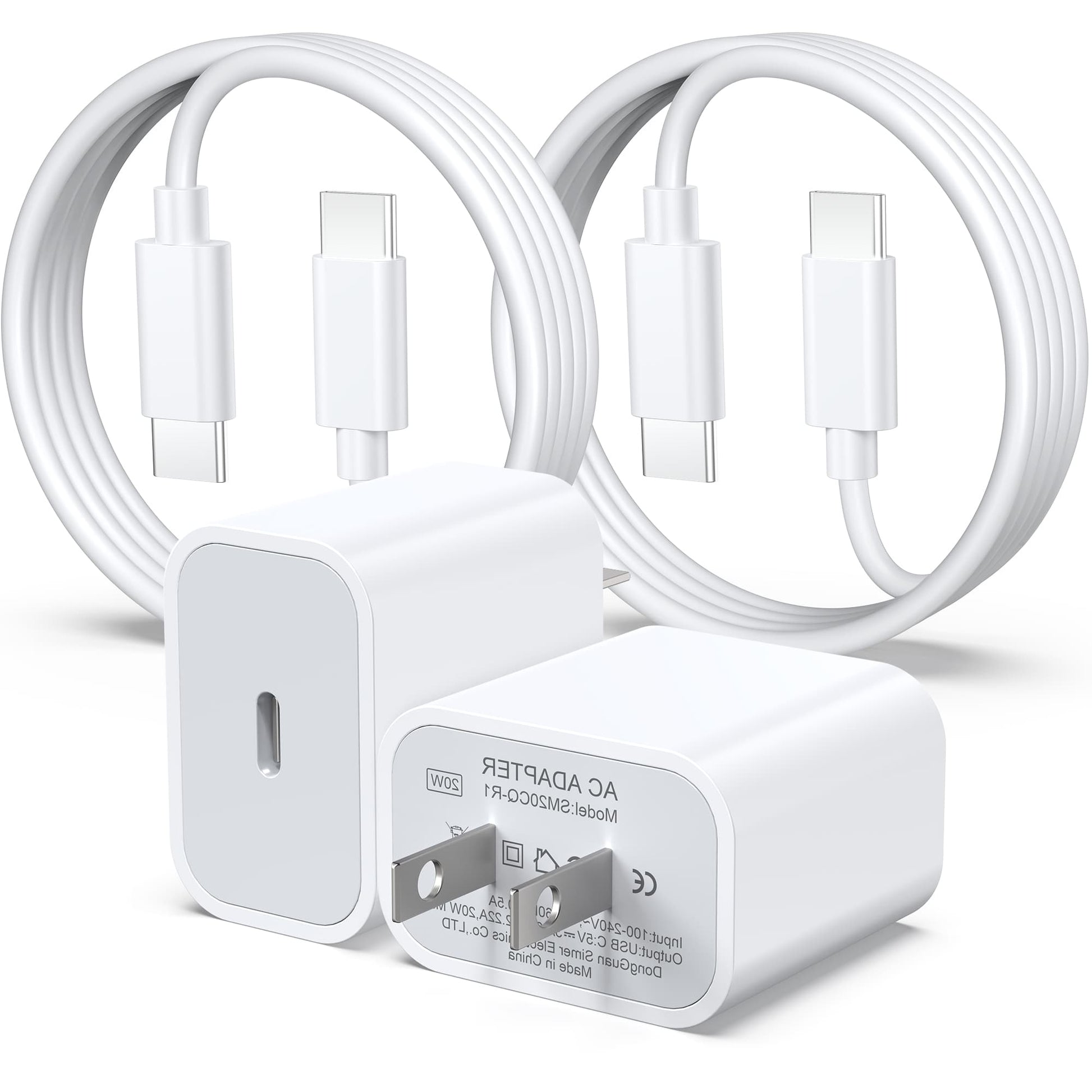 White AC adapter with two USB-C cables on a white background
