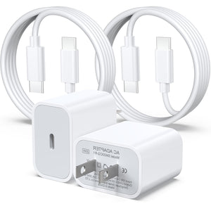 White AC adapter with two USB-C cables on a white background